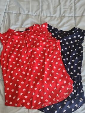New York & Company Red and Navy Star Print Tank Tops